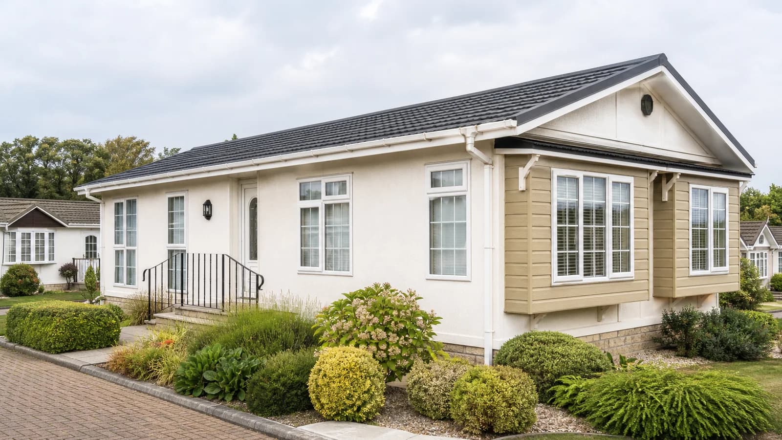 Residential park home with a maintained roofline and guttering